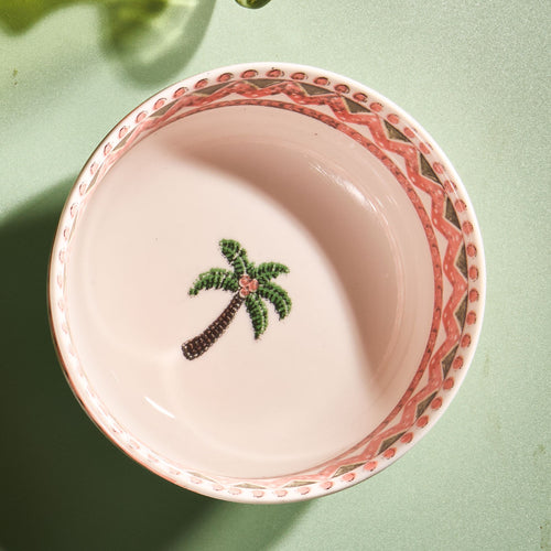 A Tale in Beads deep soup bowl with beaded palm motif, seen from above