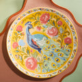 Pretty Past hand-painted peacock dinner plate in saffron yellow with pink roses