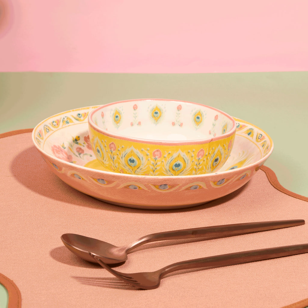Pretty Past deep soup bowl with feather-inspired border in saffron yellow